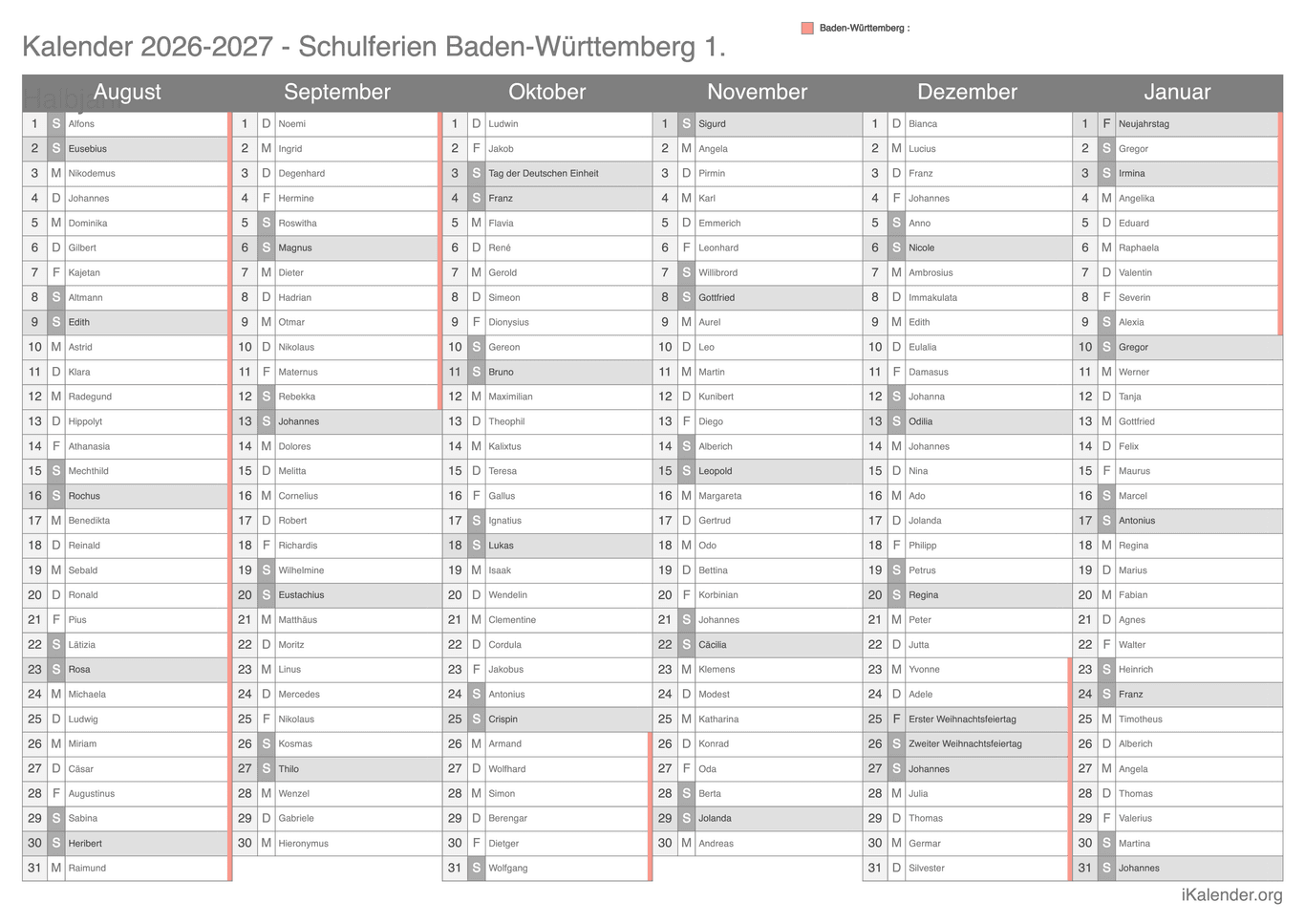 Schulferien- Halbjahres- Namenstagskalender 2026-2027 Baden-Württemberg