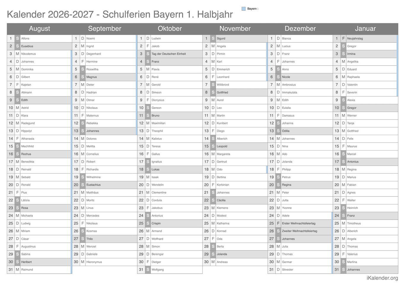 Schulferien- Halbjahres- Namenstagskalender 2026-2027 Bayern