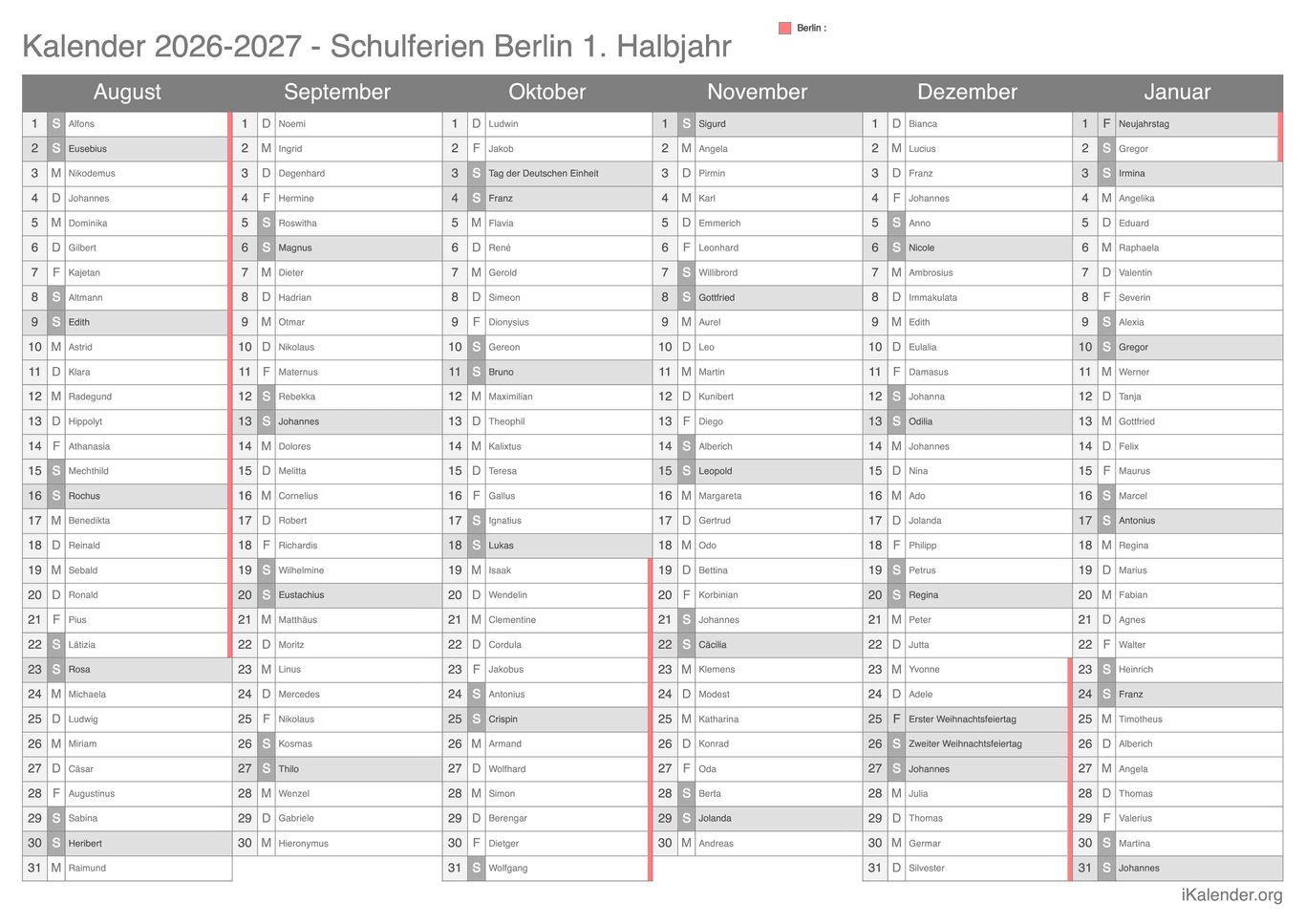 Schulferien- Halbjahres- Namenstagskalender 2026-2027 Berlin