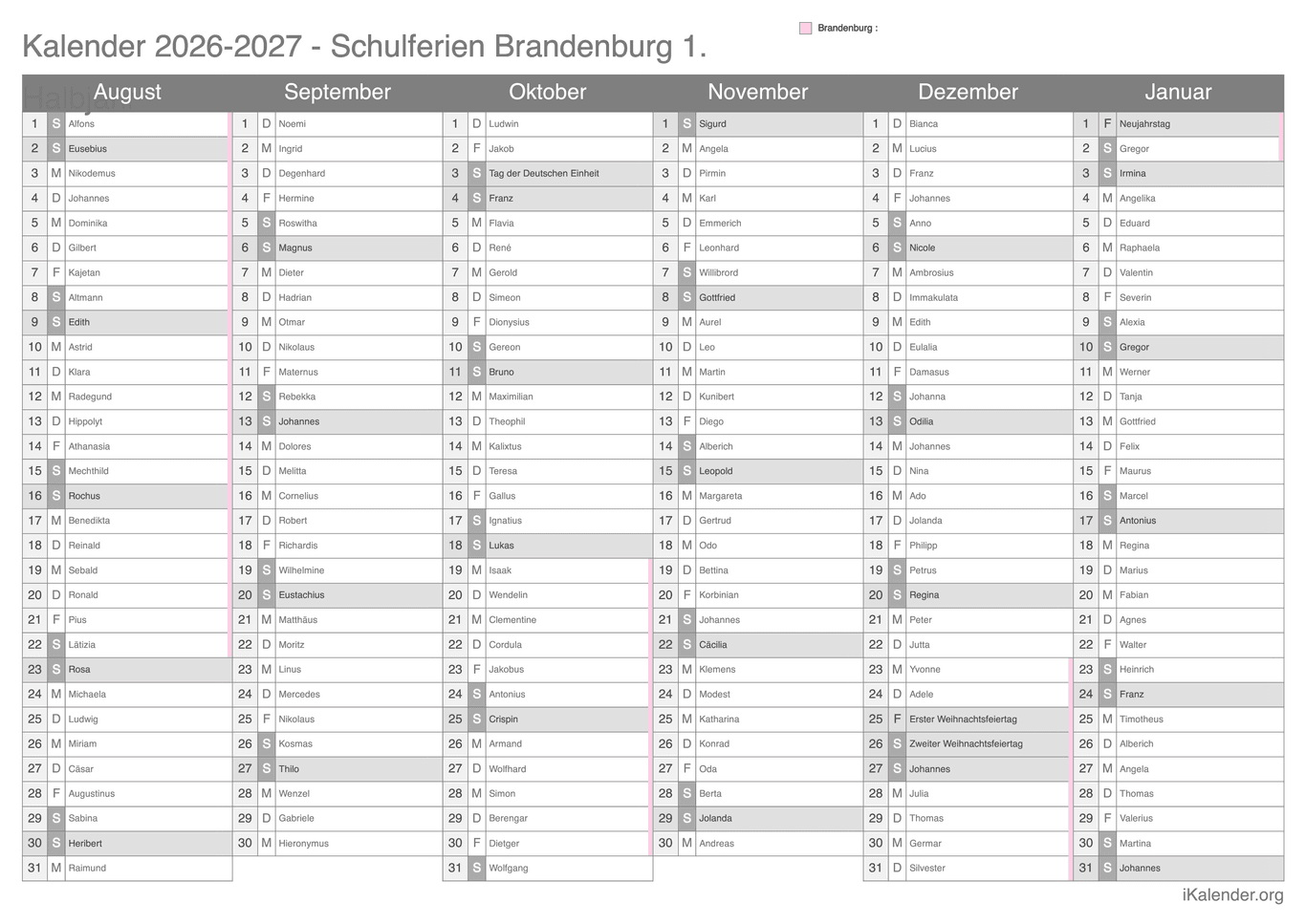 Schulferien- Halbjahres- Namenstagskalender 2026-2027 Brandenburg