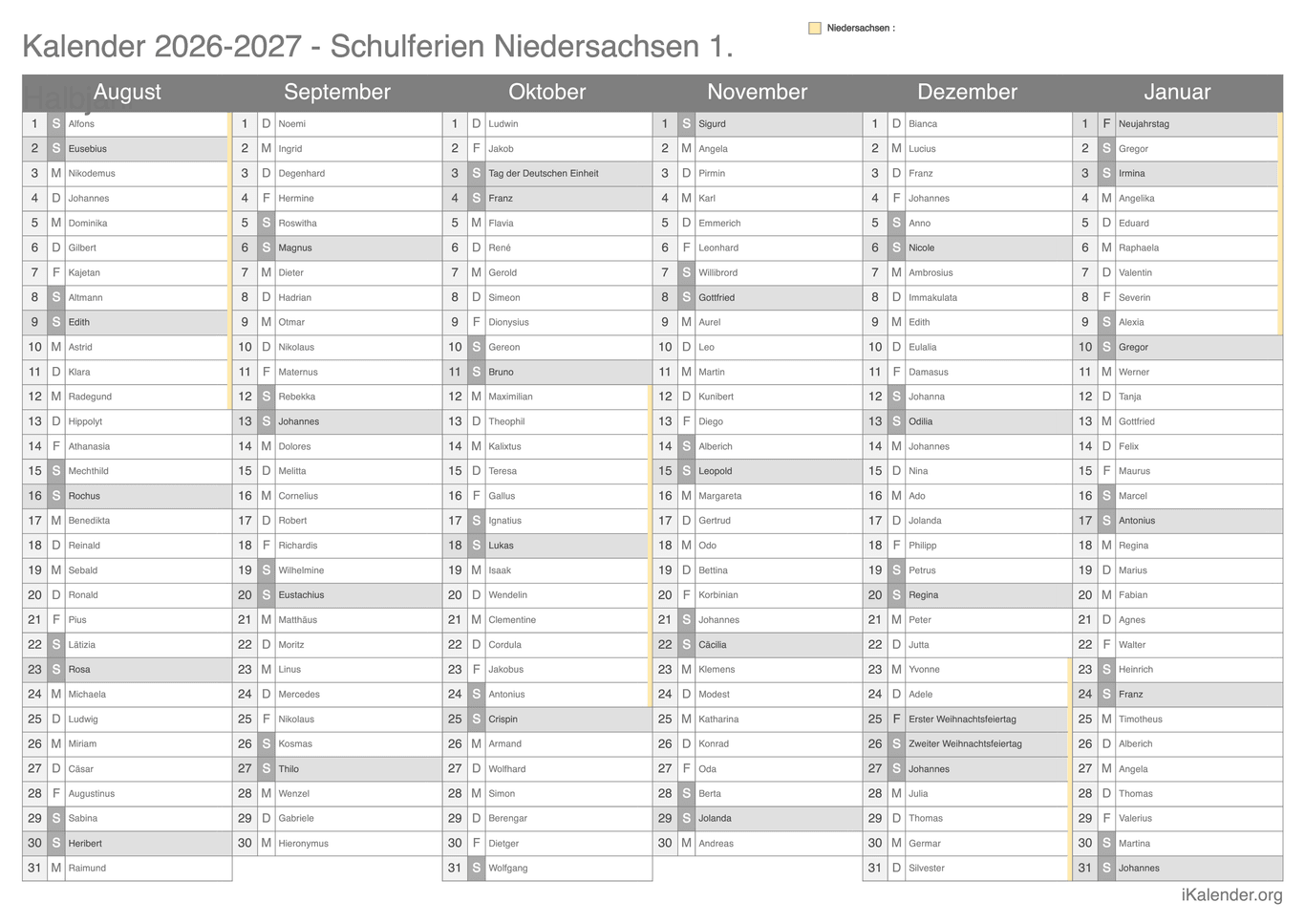 Schulferien- Halbjahres- Namenstagskalender 2026-2027 Niedersachsen