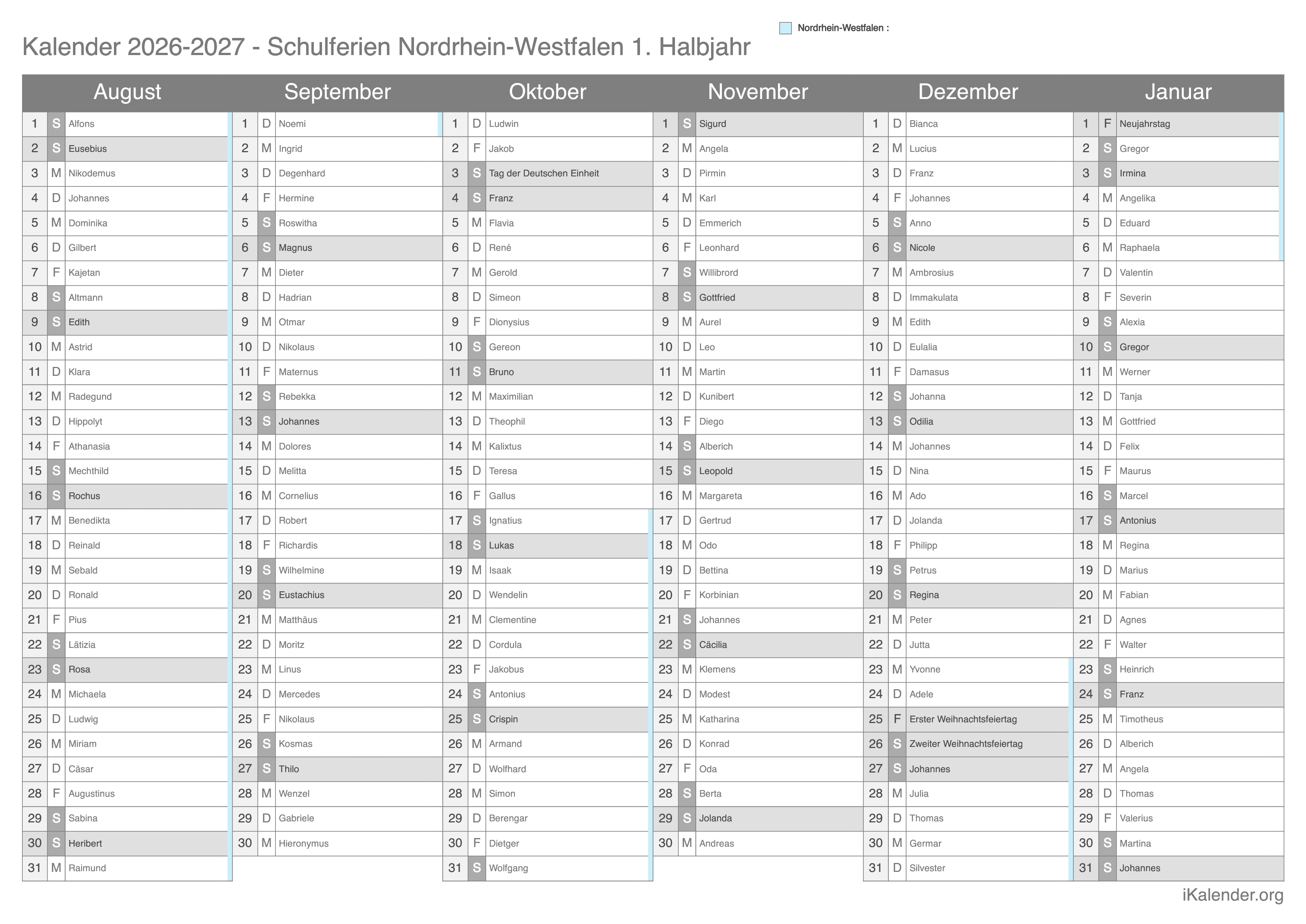 Schulferien Nordrhein-Westfalen 2026-2027 – Termine und Kalender
