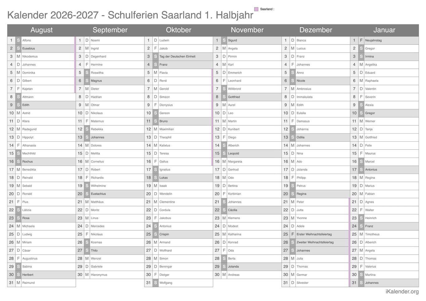 Schulferien- Halbjahres- Namenstagskalender 2026-2027 Saarland