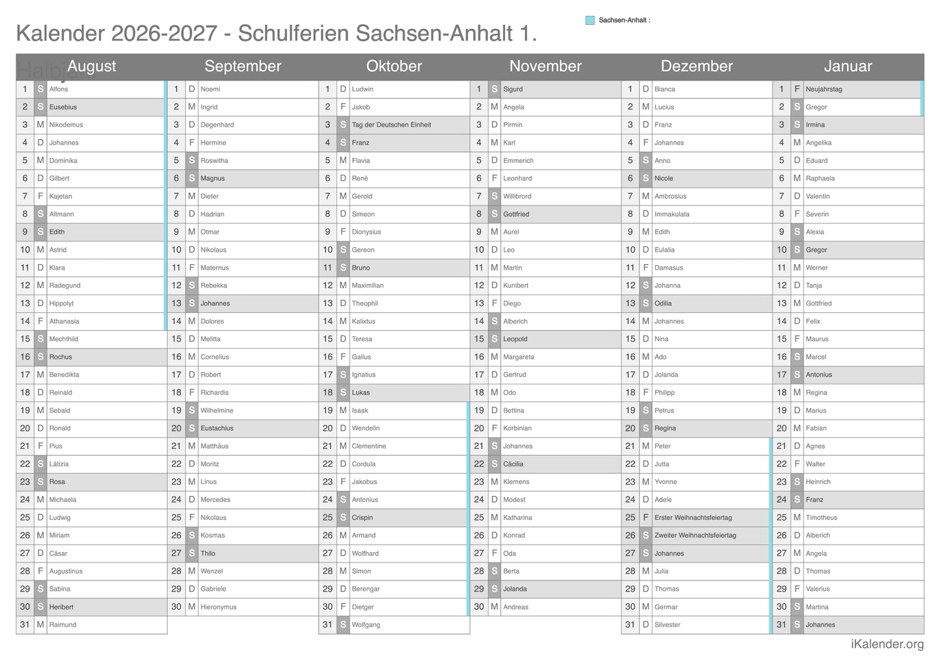 Schulferien- Halbjahres- Namenstagskalender 2026-2027 Sachsen-Anhalt