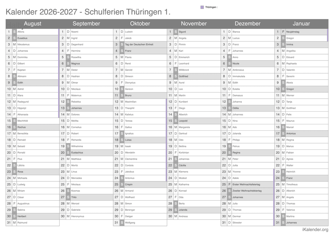 Schulferien- Halbjahres- Namenstagskalender 2026-2027 Thüringen