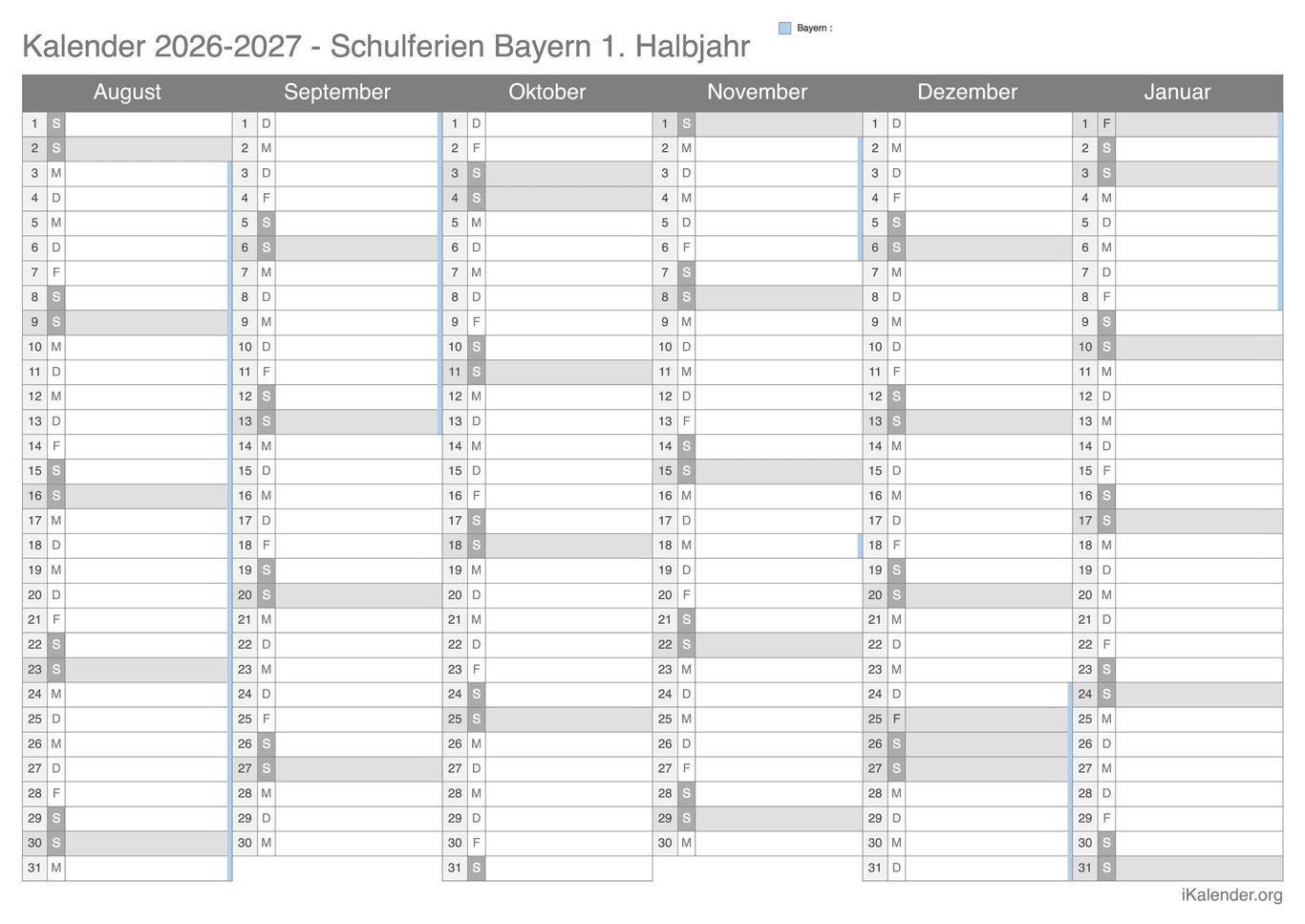 Schulferien Halbjahreskalender 2026-2027 Bayern