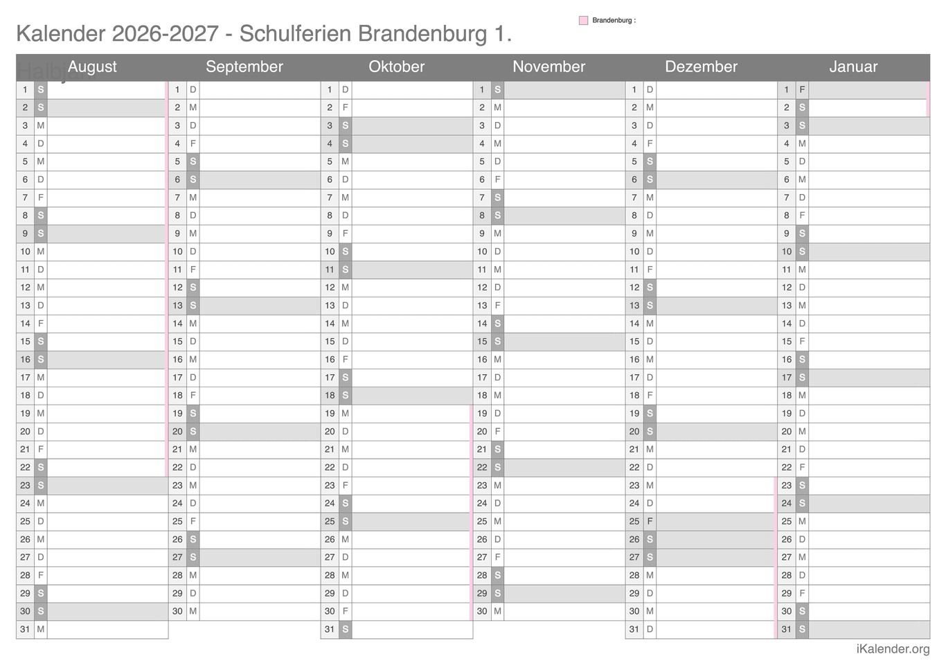 Schulferien Halbjahreskalender 2026-2027 Brandenburg