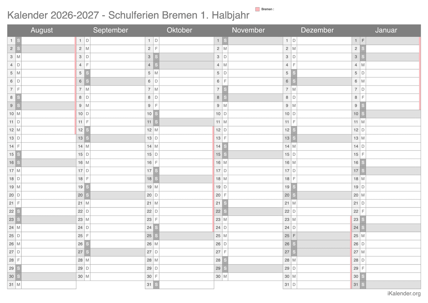 Schulferien Halbjahreskalender 2026-2027 Bremen