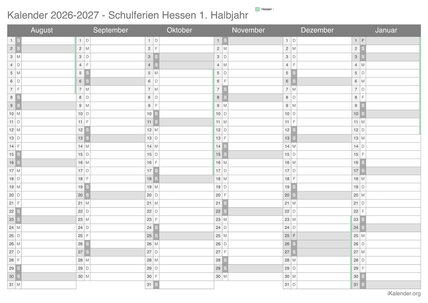 Schulferien Halbjahreskalender 2026-2027 Hessen