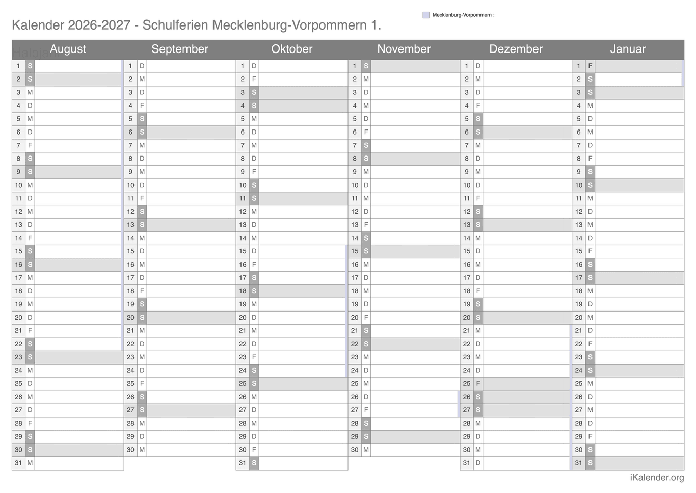 Schulferien Halbjahreskalender 2026-2027 Mecklenburg-Vorpommern