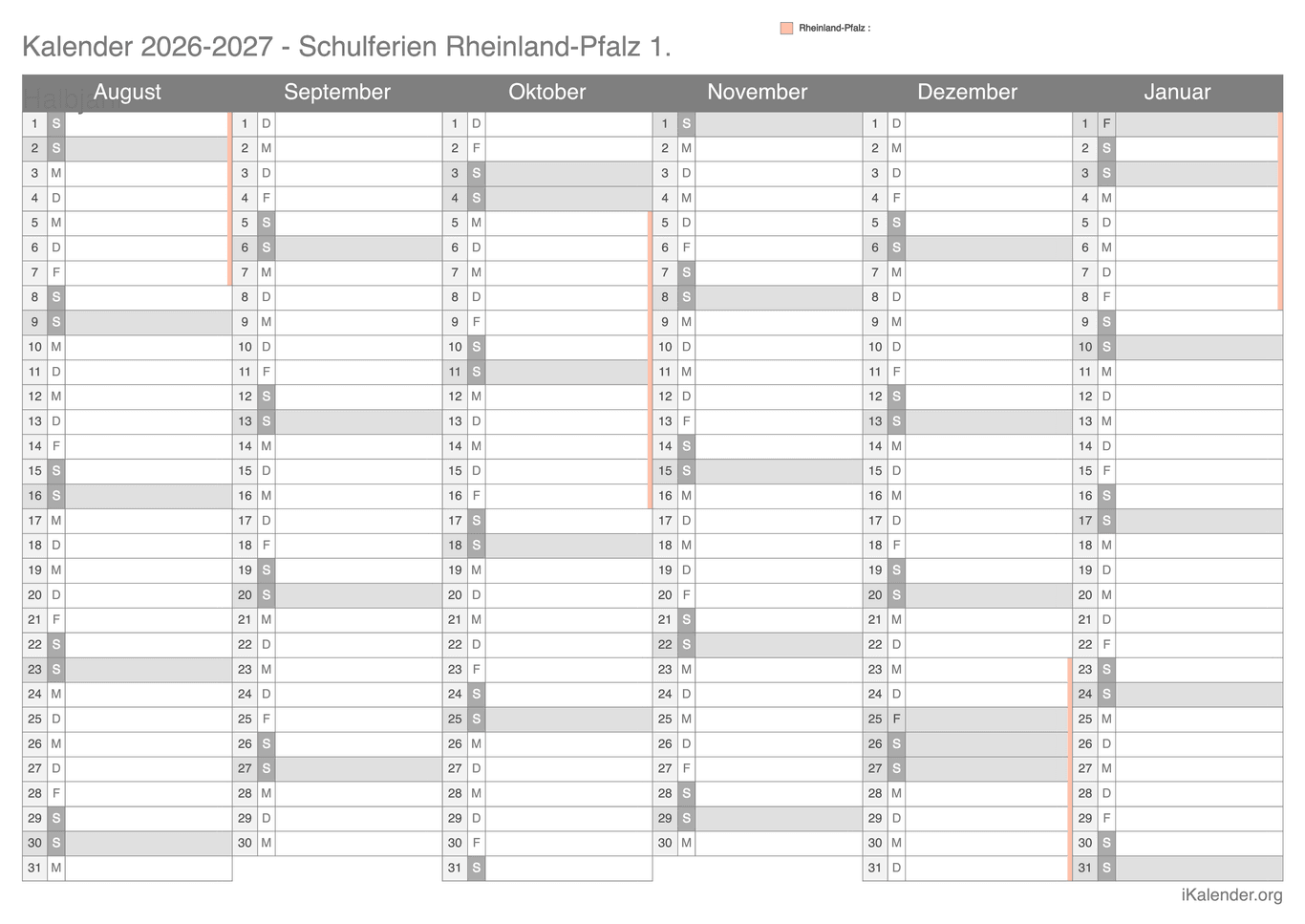 Schulferien Halbjahreskalender 2026-2027 Rheinland-Pfalz