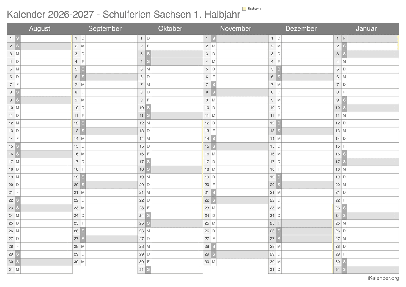 Schulferien Halbjahreskalender 2026-2027 Sachsen