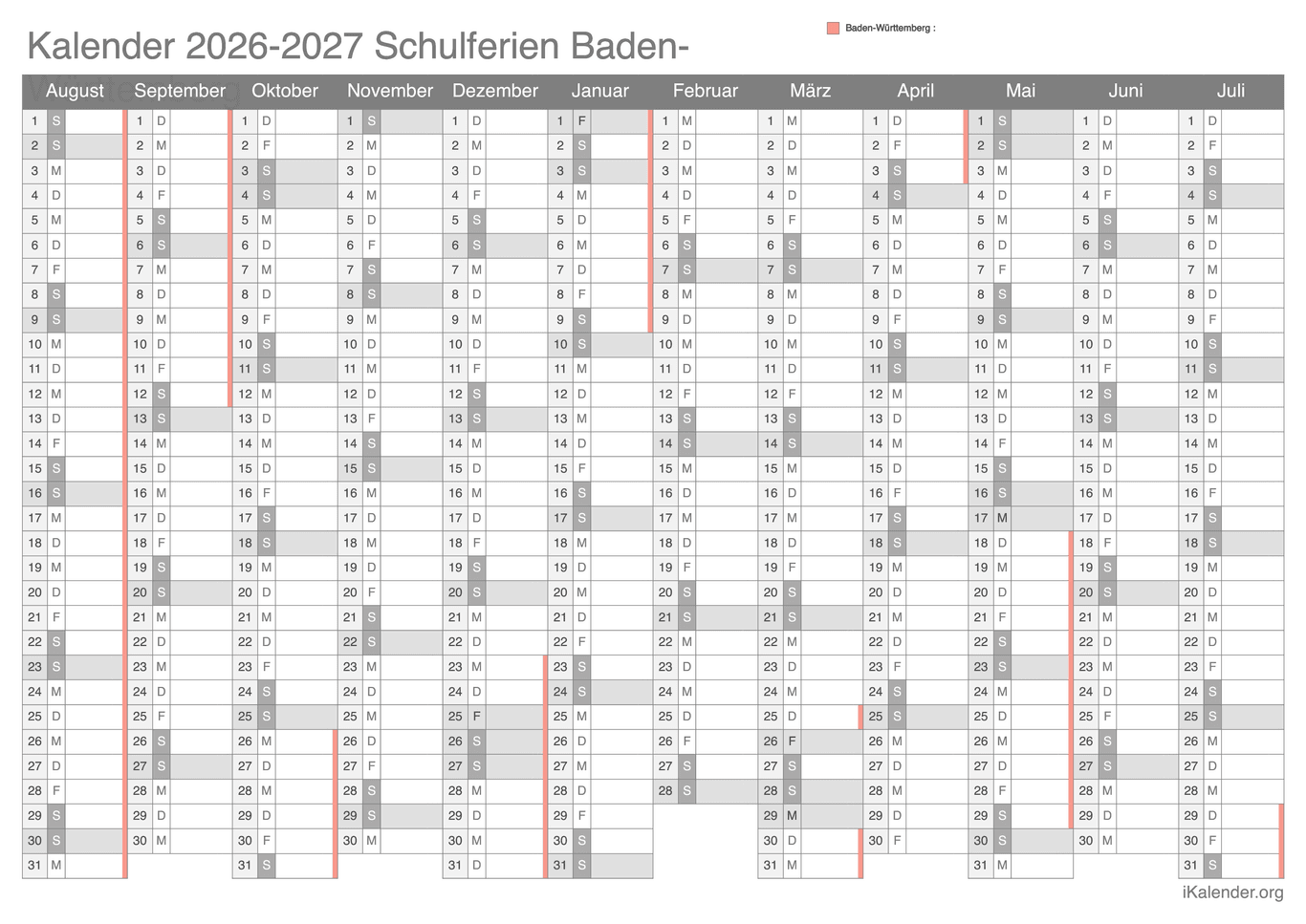 Schulferien Kalender 2026-2027 Baden-Württemberg