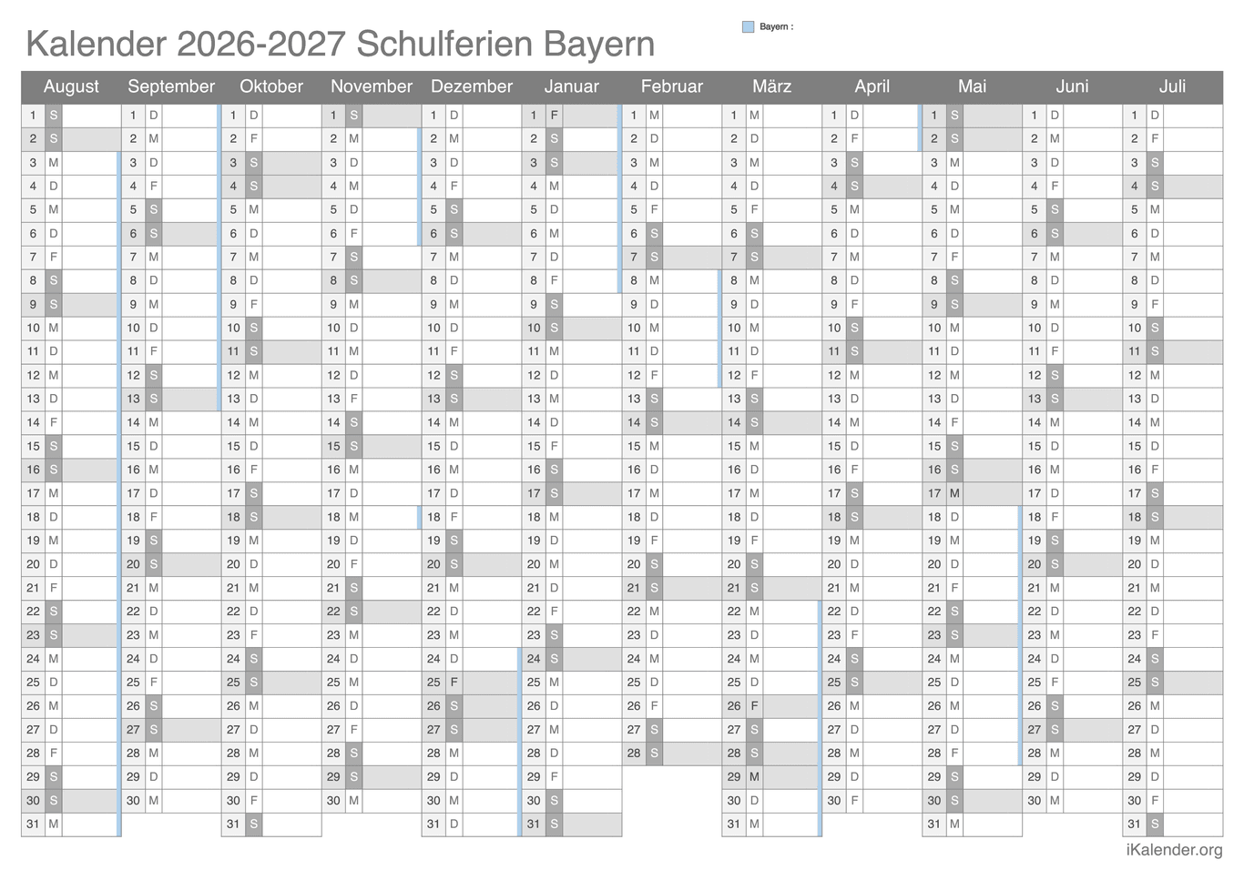 Schulferien Kalender 2026-2027 Bayern