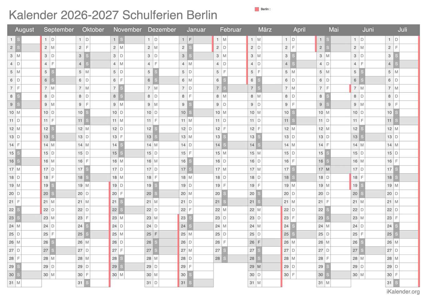 Schulferien Kalender 2026-2027 Berlin