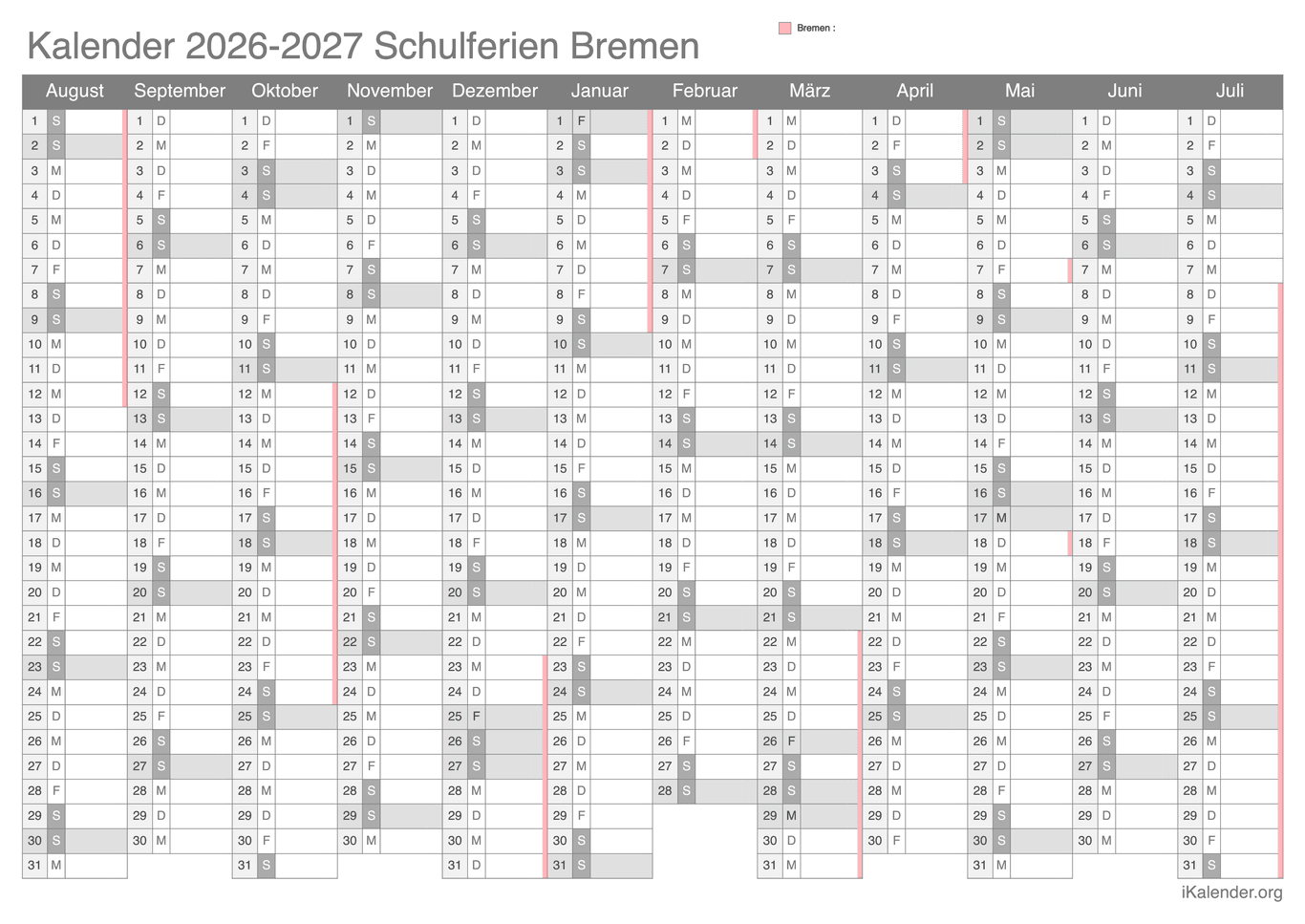 Schulferien Kalender 2026-2027 Bremen