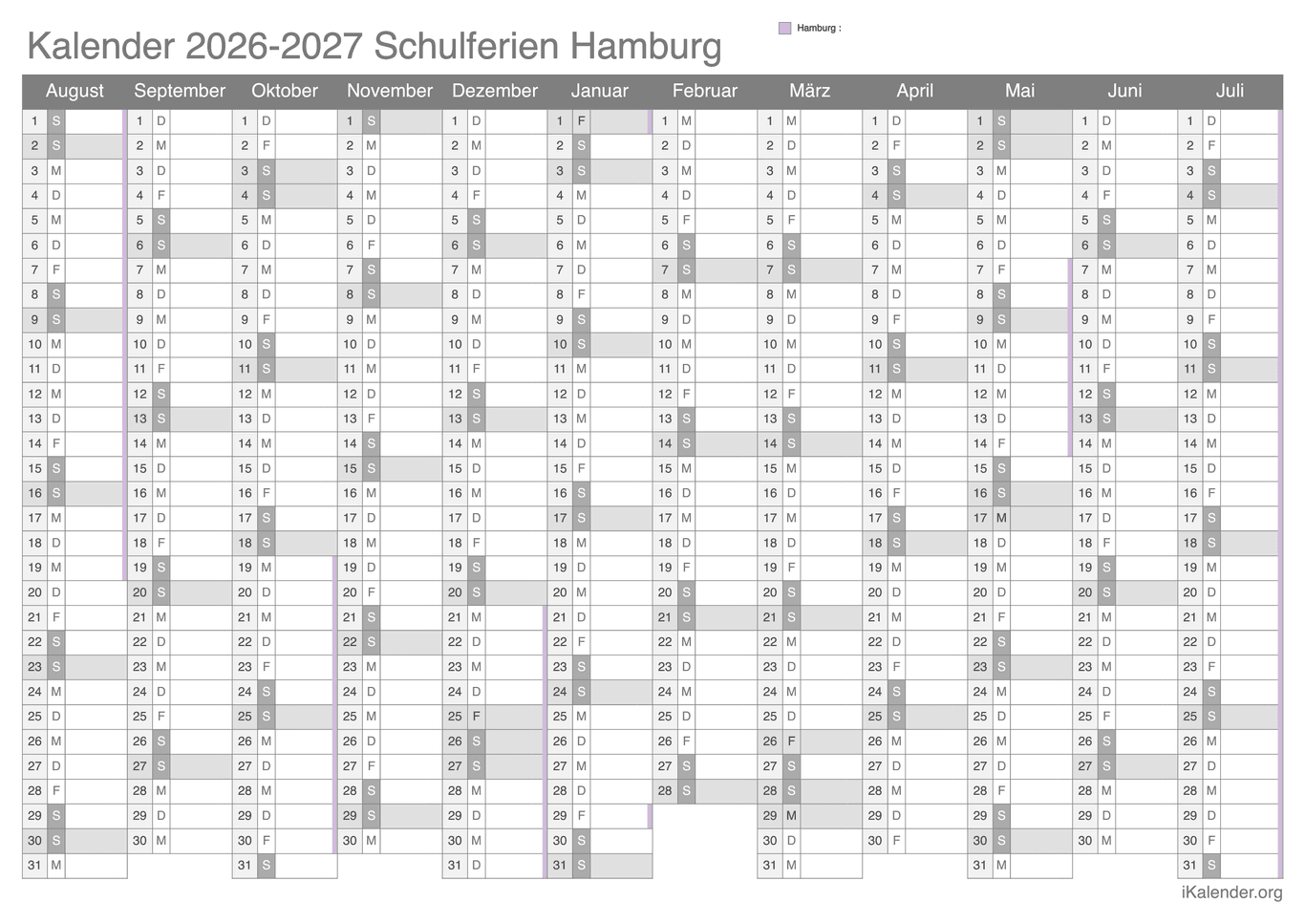 Schulferien Kalender 2026-2027 Hamburg