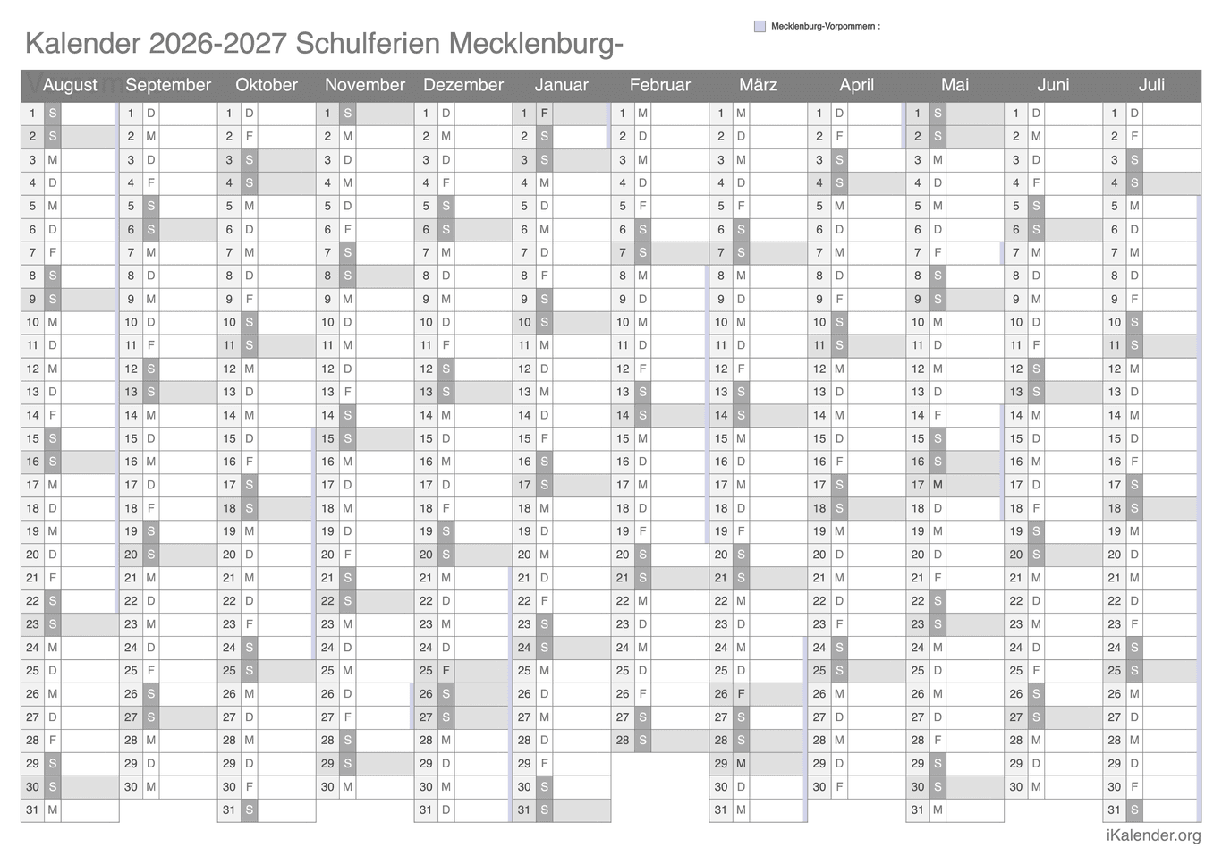 Schulferien Kalender 2026-2027 Mecklenburg-Vorpommern