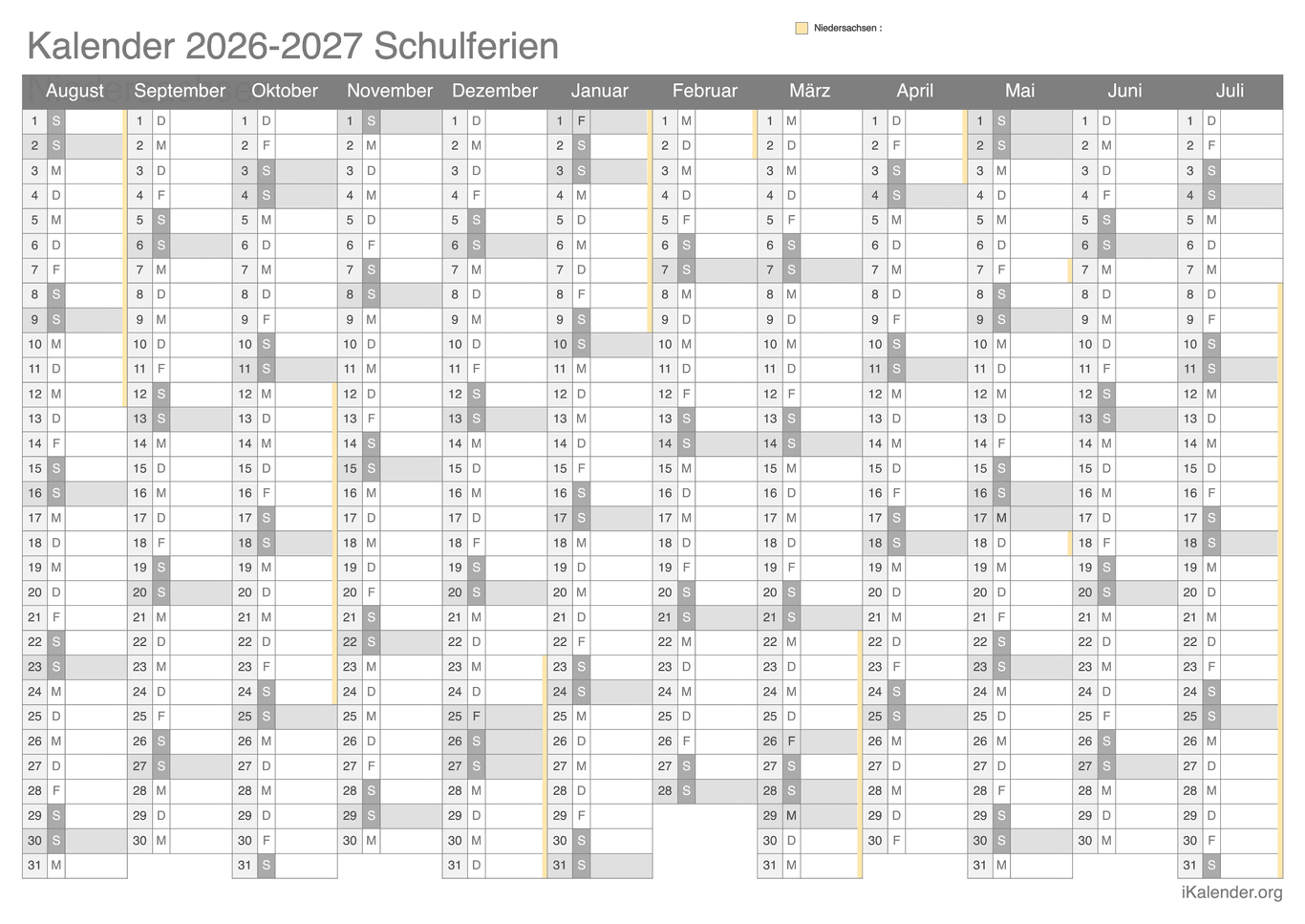 Schulferien Kalender 2026-2027 Niedersachsen