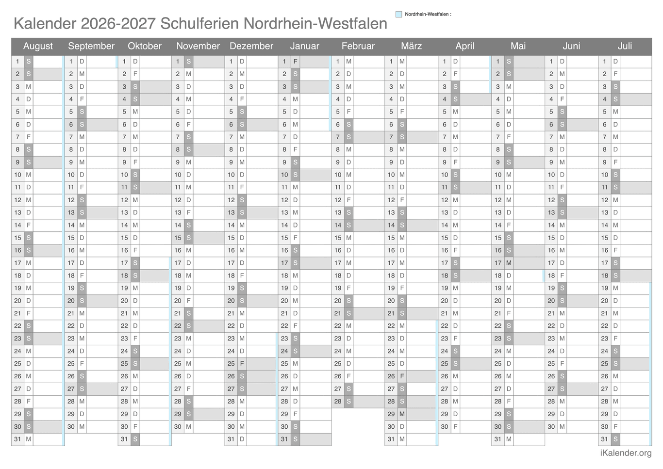 Schulferien Kalender 2026-2027 Nordrhein-Westfalen