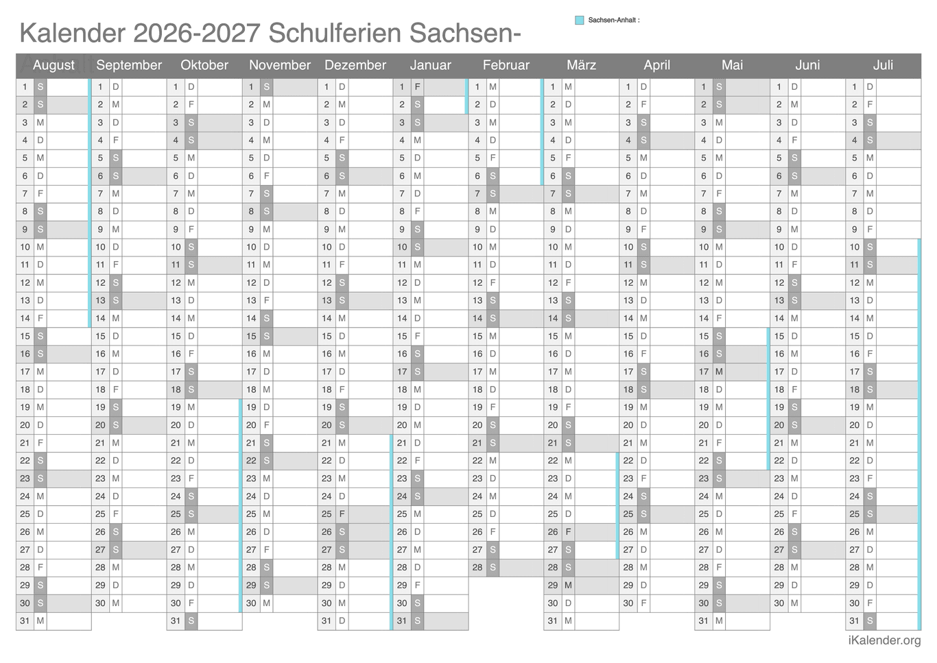 Schulferien Kalender 2026-2027 Sachsen-Anhalt