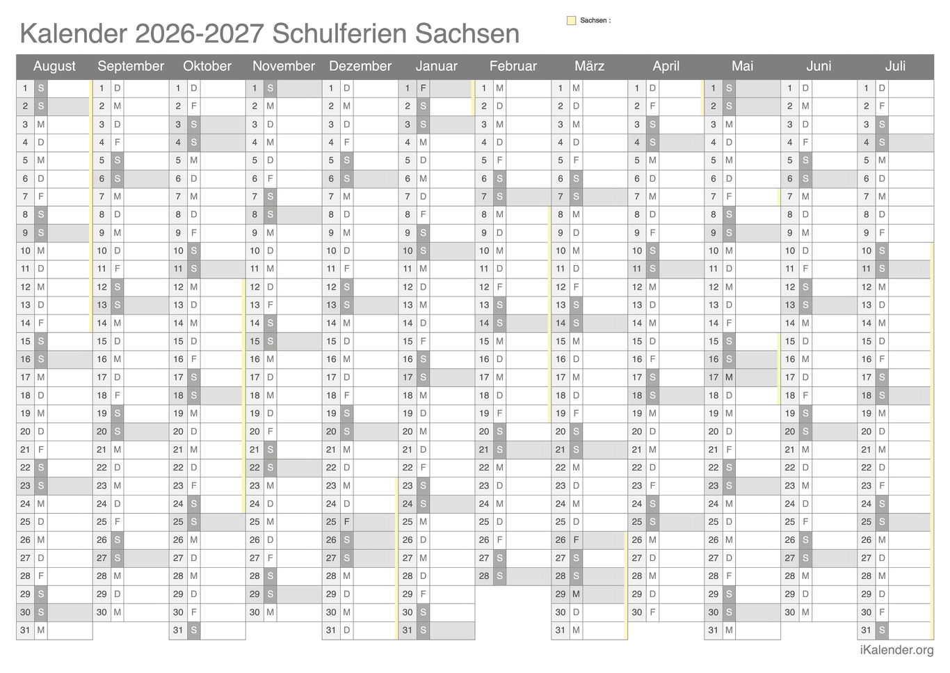 Schulferien Kalender 2026-2027 Sachsen