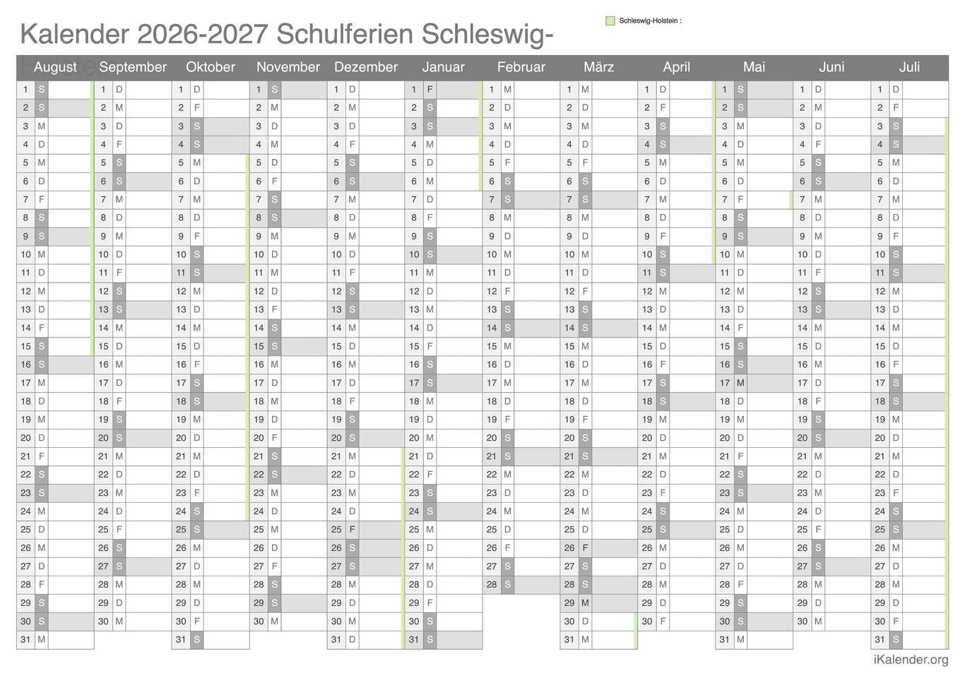 Schulferien Kalender 2026-2027 Schleswig-Holstein