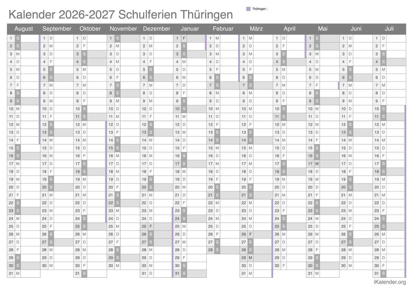 Schulferien Kalender 2026-2027 Thüringen