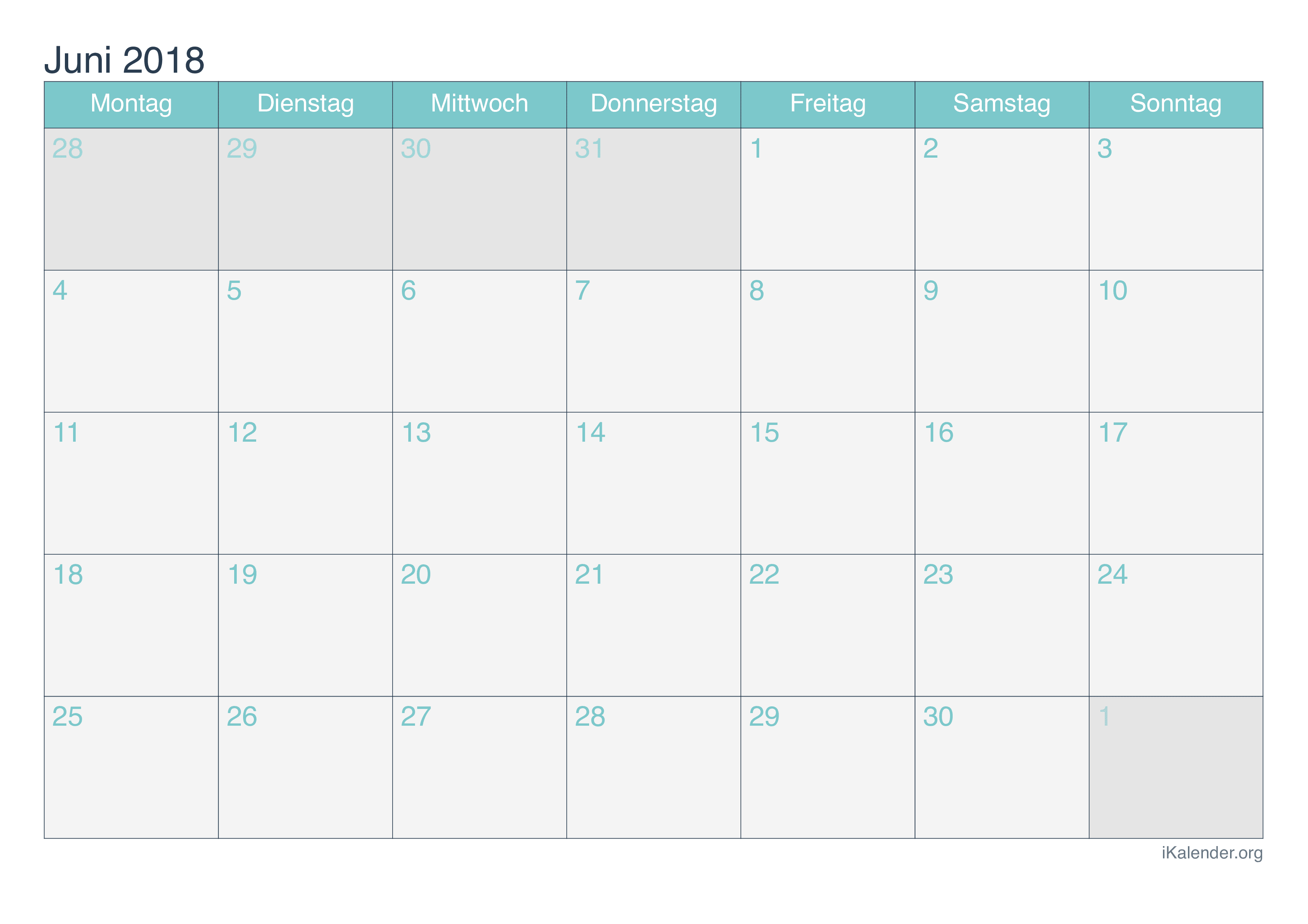 Kalender Juni 2018 Zum Ausdrucken - Ikalender.Org