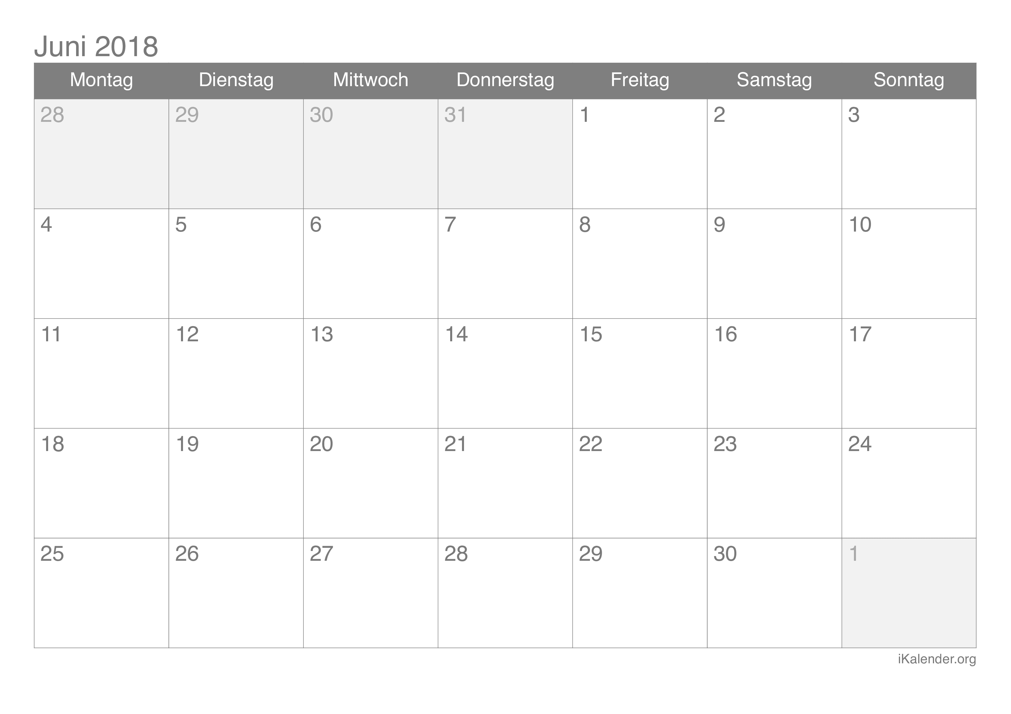 Kalender Juni 2018 Zum Ausdrucken - Ikalender.Org