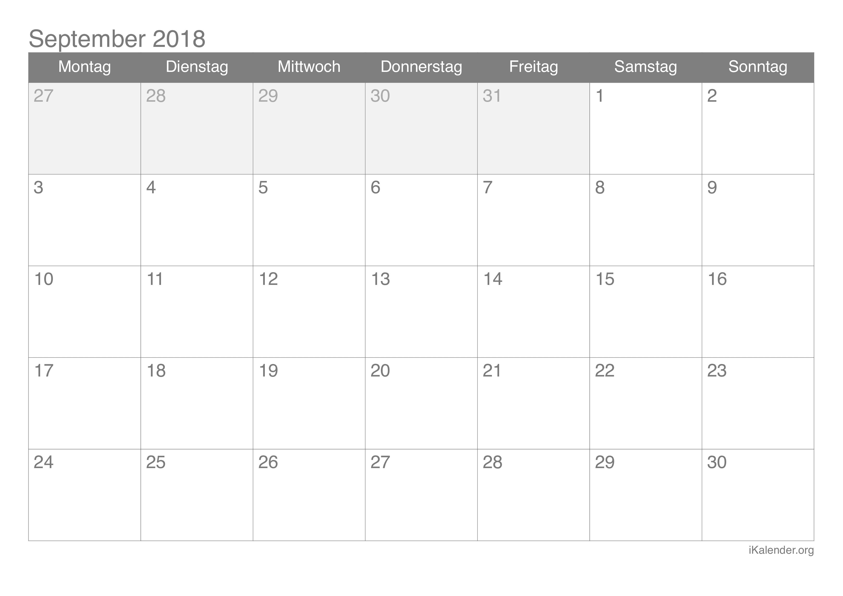 Kalender September 2018 Zum Ausdrucken - Ikalender.Org