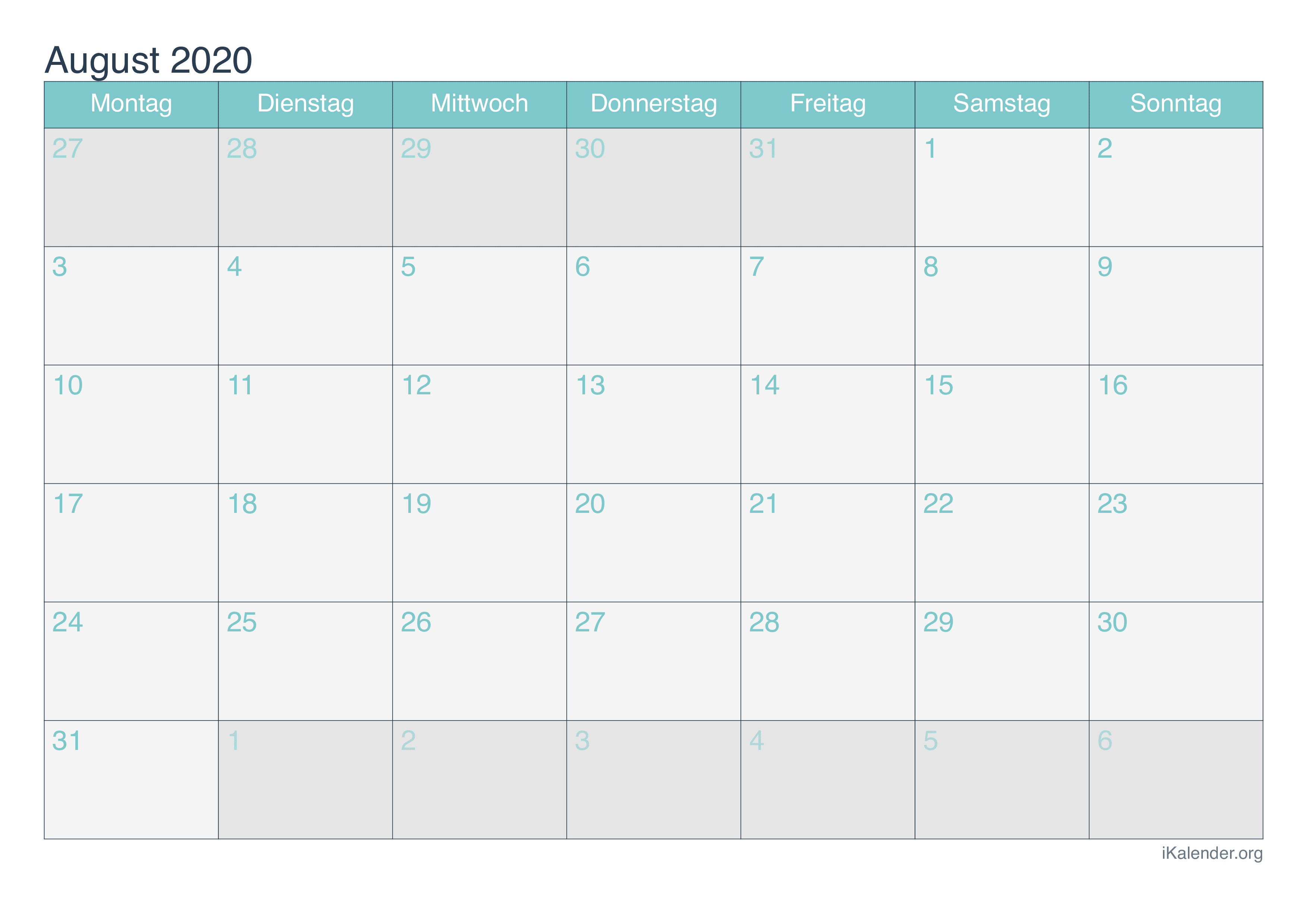 Kalender August 2020 zum Ausdrucken - iKalender.org