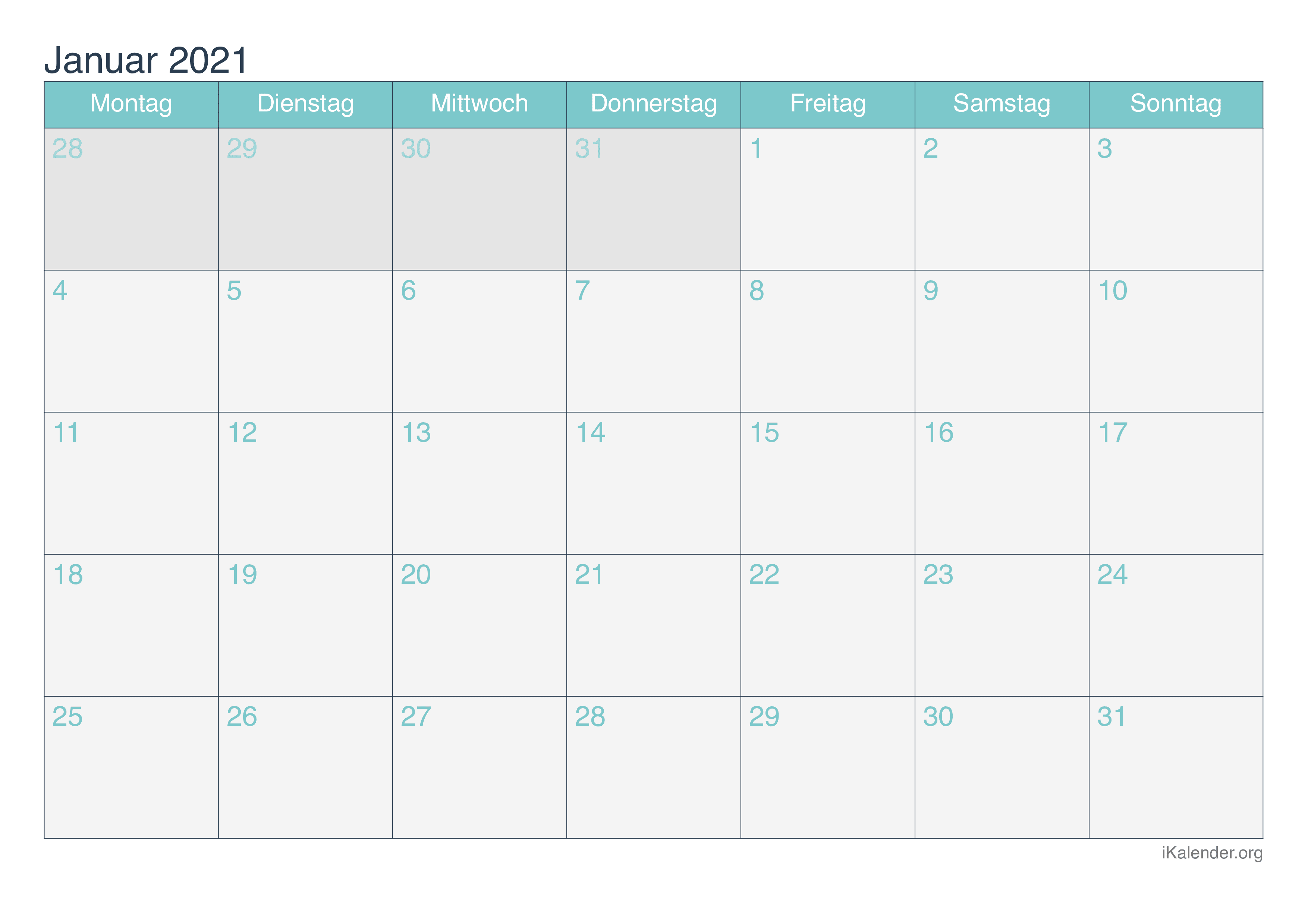 Kalender Januar 2021 zum Ausdrucken - iKalender.org