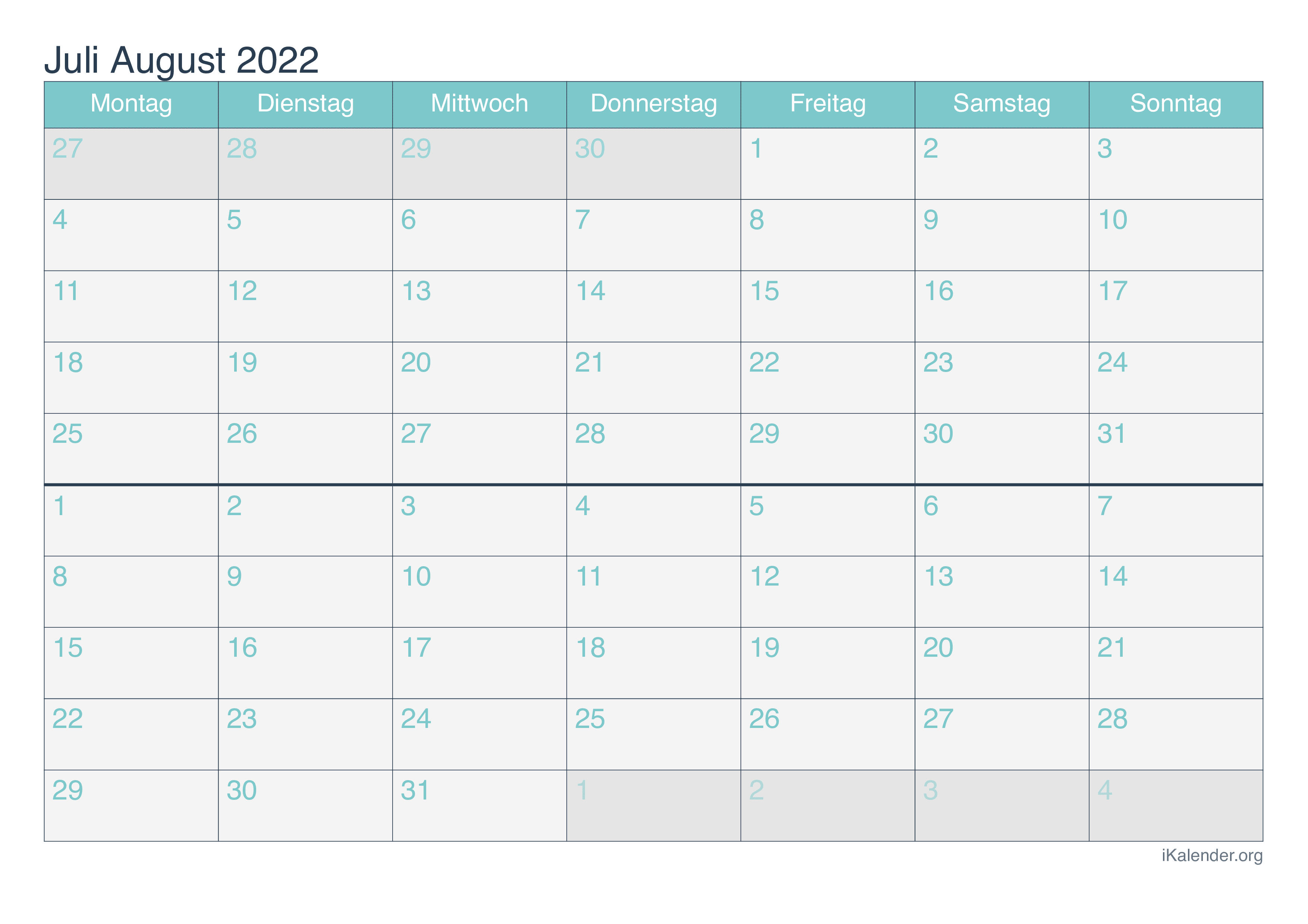 Kalender Juli August 2022 Zum Ausdrucken IKalender