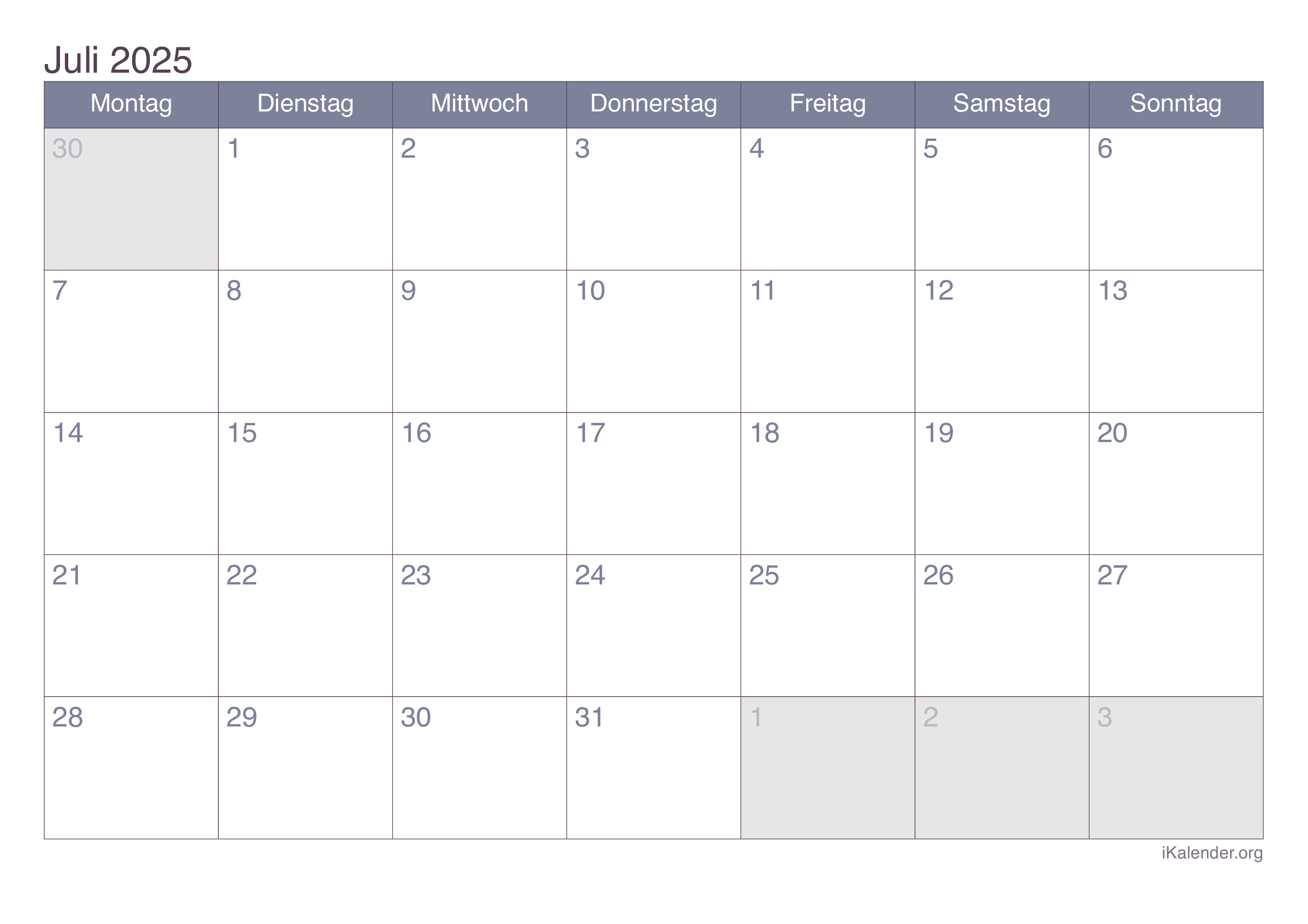 Kalender Juli 2025 zum Ausdrucken